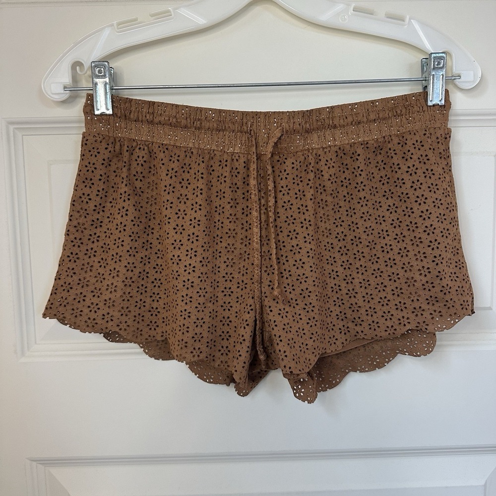 Y2K MUDD brown suede scallop crochet Hem shorts with drawstring SZ Small Floral